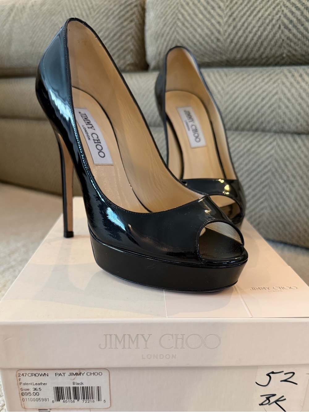 Jimmy Choo Patent Leather Peep-Toe Platform Pumps Black Size 36.5